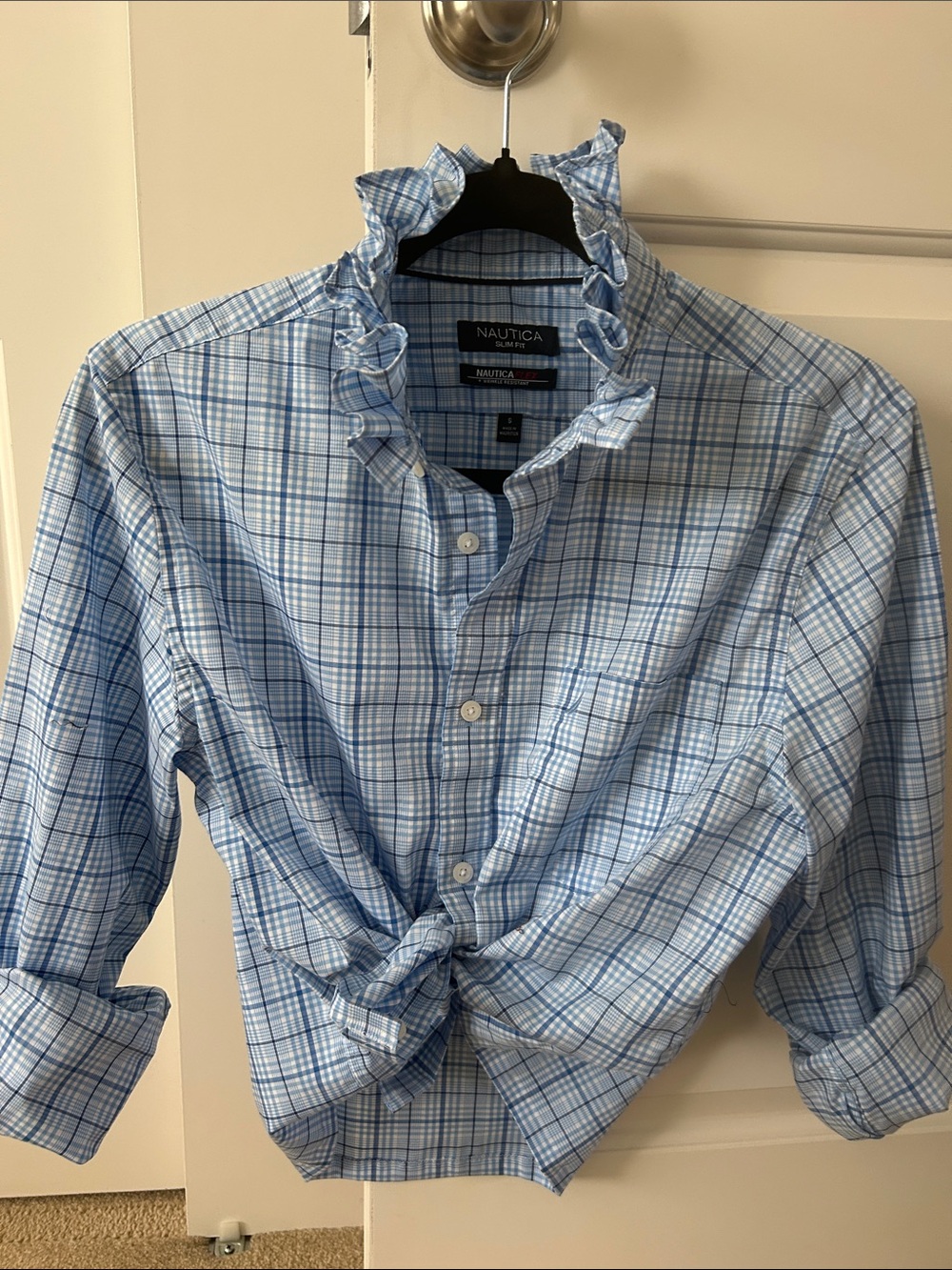 Nautica Light Blue Plaid Shirt recreated for a woman with a ruffled collar